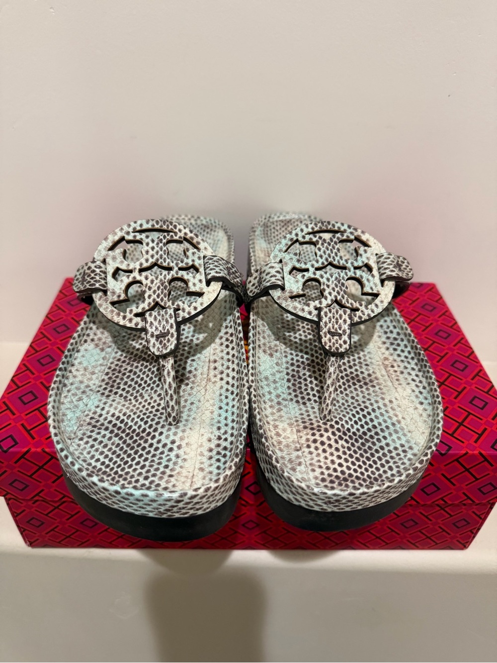 Tory Burch Mint Snake-Print Thong Sandals with Double-T Medallion